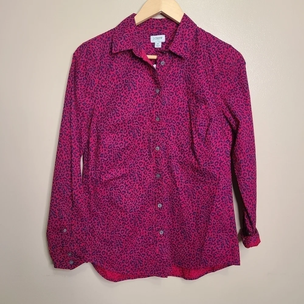 NWT J. Crew Button Up Stretch Cotton Poplin Shirt Signature Fit Leopard Print